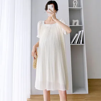 Kare Yaka Memnun Şifon hamile elbiseleri 2022 Yaz Yeni Katı Kısa Kollu Gevşek Gebelik Giysileri Hamile Kadınlar İçin
