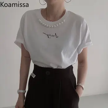 Koamıssa Şık Kore Kadın T-shirt Tatlı Boncuk Kısa Kollu O-Boyun Yaz Gömlek Bayanlar Cuasl Gevşek Vintage Tees Tüm Maç Üst