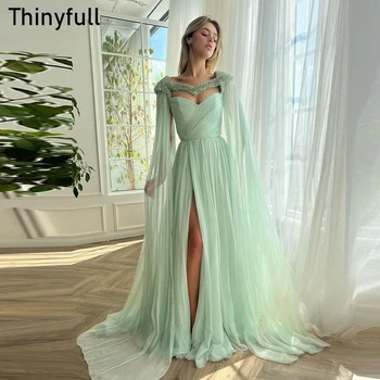 Thinyfull A-Line Balo Elbise Uzun Kollu Şifon Sparkly Örgün Parti Törenlerinde Bölünmüş Kadınlar Örgün Olay Elbise Robe De Soirée
