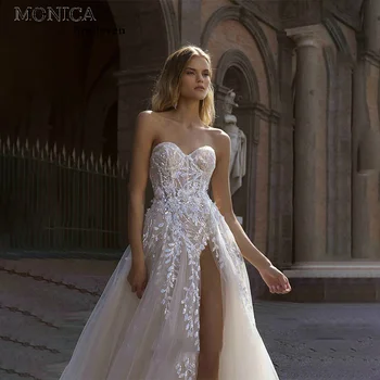 MONİCA A-LİNE düğün elbisesi 2022 Straplez Kolsuz Aplikler Gelin Kıyafeti Kat Uzunlukta Mahkemesi Tren Vestido De Novia Custom Made