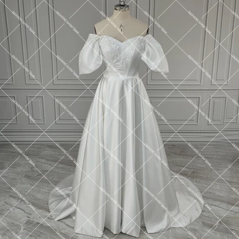Victoria Kısa Kollu Kabarık Saten düğün elbisesi Lüks Custom Made Lace Up Gerçek Resim Sevgiliye Boncuk Aplike gelin kıyafeti