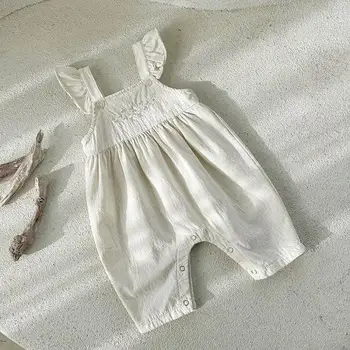 2023 Yeni Bebek Kız Çiçek Nakış Romper Yaz Bebek Kolsuz Tulum Kız Sinek Kollu Tulum Bebek Giysileri 0-24M