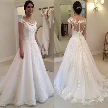Sıcak Vestido de Noiva Cap Kollu O-boyun A-Line düğün elbisesi 2022 Illusio Fermuar Düğmesi Geri gelin kıyafeti robe de mariee