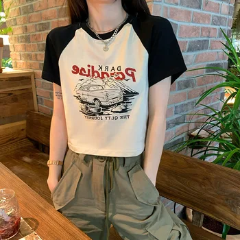 Vintage Baskı kadın T-shirt Yaz Amerikan Tarzı Kısa Kollu O-Boyun İnce T-Shirt Tüm Maç Kore Bayanlar Y2k Kırpma Üst 2023