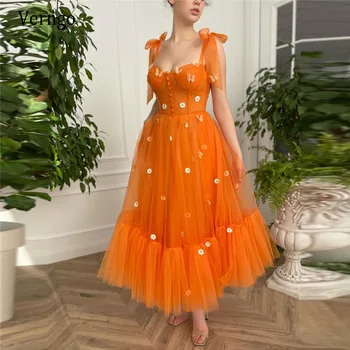 Verngo 2021 Turuncu Tül Bir Çizgi Akşam Elbise 3D Çiçekler Sapanlar Bağlı Yay Omuz Düğmeleri Ön Ayak Bileği Uzunluğu Parti Balo Abiye