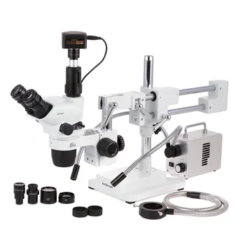 AmScope 2X-225X Trinoküler Bom Standı Stereo yakınlaştırmalı mikroskop ve 18MP Kamera ve 50W Led Fiber Optik O-Y Aydınlatıcı