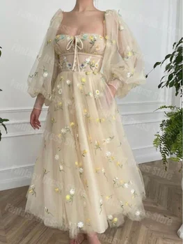 Fantezi Elbise 2023 Tatlı Açık Sarı Gevşek Uzun Kollu balo kıyafetleri Çiçek Baskı Kare Boyun A-line Tül Abiye