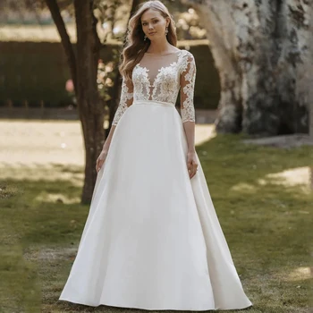 Klasik Scoop Üç Çeyrek düğün elbisesi Aplike Illusion Kemer ile A-Line Kat Uzunluk Düğmeler Sweep Tren gelinlikler