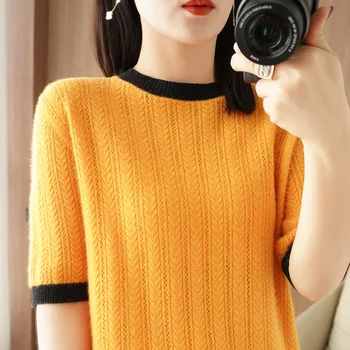 Kadın Moda Yuvarlak Boyun T-Kısa Yaz Yeni Örme Kısa Kollu Rahat Zarif Yarım Kollu Ekleme Kazak Zarif Ofis