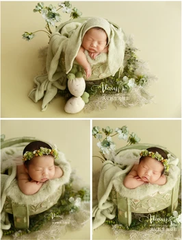 Yenidoğan Bebek Fotoğraf Sahne Ahşap Kova Yeşil Çiçek Zemin Örme Şal şapka saç bandı Tema Seti Stüdyo Çekim Fotoğraf Sahne