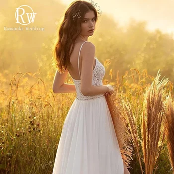 Ramanda Seksi V Yaka Çiçek Desen Kolsuz Pastrol A-Line düğün elbisesi Gelin İçin 2022 Backless Spagetti Sapanlar gelin kıyafeti
