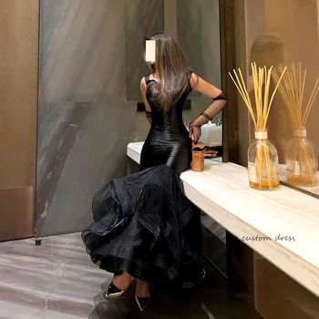 Siyah Mermaid Akşam Parti Elbiseler Katmanlı Tül İnce Uyar Seksi Kutlamak Olay Elbise Uzun Kadın Dubai Pageant Balo Abiye