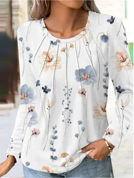 Vintage kadın Uzun kollu tişört Sonbahar Kış Çiçek Baskılı Rahat Gevşek Üst Yuvarlak Yaka Kazak Rahat Temel Tees