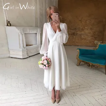 Yeni Klasik Bir Çizgi Şifon Gelinlik Uzun Fener Kollu gelin kıyafeti V Yaka Gelin Elbise Illusion Robe De Mariage Nouveauté