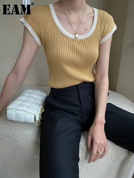 [EEM] Kadınlar Sarı Renk blok Örgü ince tişört Yeni Yuvarlak Boyun Kısa Kollu Moda Gelgit Bahar Yaz 2023 1DF8418