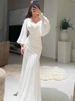 Beyaz Mermaid Abiye Resmi Zarif Şifon V Boyun Uzun Kollu Kat Uzunluk Vestidos de Gala Mujer Para Fiesta Yeni