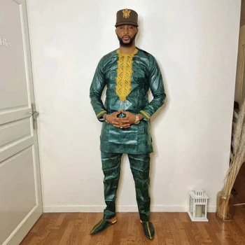 H & D Afrika Giysi Erkekler için Gelenek Giyim Riche Bazin İşlemeli 2 Adet Set gömlek Pantolon Bazin Yeşil takım elbise Düğün Parti
