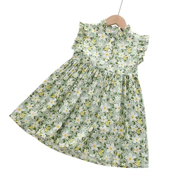 Yaz kız elbisesi Ayakta Boyun Uçan Kollu Parçalanmış Çiçek Elbise Taze Düğme Bebek D2-6 Yıl KidsCasual kıyafetler elbiseler