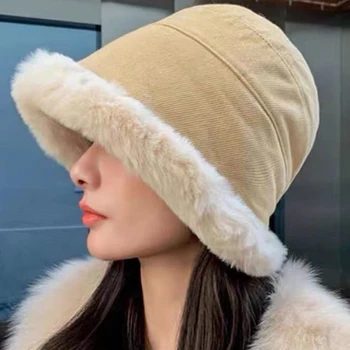 Yeni Yumuşak Kalınlaşmış Kuzu Peluş Kış Kova Şapka Moda Açık Sıcak Kasketleri Faux Kadife Çok Yönlü Bayanlar Rüzgar Geçirmez panama şapkası