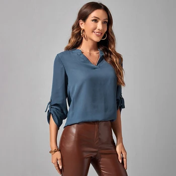 Kadın şifon bluz Üstleri Rahat V Yaka Uzun Kollu Zarif Bayanlar Gevşek Bluz Gömlek Mavi Moda İş Giysisi T-Shirt Blusa Mujer