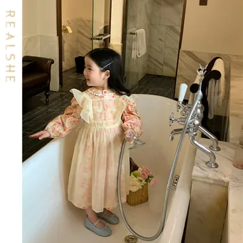 Tatlı Çocuk Kız giyim setleri 2023 Yeni Sonbahar Uzun Kollu Çiçek Elbise Tül Elbise 2 Adet Setleri Çocuk Giysileri Takım Elbise