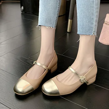 Kadın Düşük Topuklu Sığ Kayma Mary Janes Ayakkabı İlkbahar Sonbahar Moda Dikiş Yuvarlak Ayak Retro Kalın Topuk Rahat deri ayakkabı