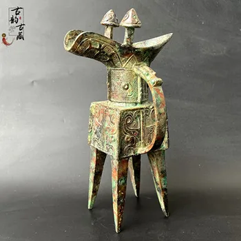 Antik Bronz Eşya Shang Hanedanı Canavar Desen Fangjue Fincan El Sanatları Süsler