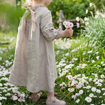 Bahar Sonbahar Yeni Çocuk Kız A-line Prenses Elbise Toddler Katı Keten Pamuk Tam Kollu Elbise Plaj Elbise Bebek Bebek Giydirin