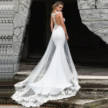 Mermaid düğün elbisesi 2023 Seksi See Through Geri Kolsuz Dantel Aplikler Gelinlikler Gelin Vestidos De Noiva