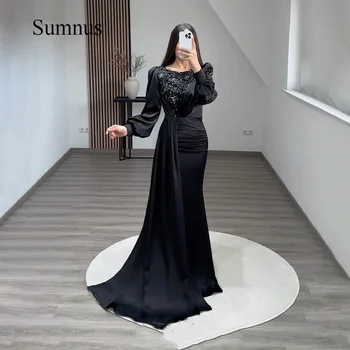 Sumnus Siyah Müslüman Mermaid Abiye Boncuk Mono Saten Suudi Arapça Örgün Parti Elbise Uzun Kollu Dubai Balo Olay Törenlerinde