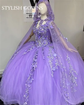 Prenses Mor Sevgiliye Balo Quinceanera Elbiseler Boncuklu Ünlü Parti Törenlerinde 3D Çiçekler Mezuniyet Elbise Pelerin