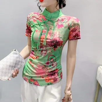 #6375 Çiçek Baskılı Örgü T Shirt Kadın Kısa Kollu çiçek baskılı tişört Kadın Standı Yaka Sıkı Tee Çin Tarzı Vintage