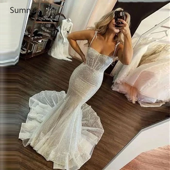 Sumnus Mermaid Zarif düğün elbisesi Kadınlar İçin 2022 Glitter Spagetti Sapanlar Tül Kolsuz Robe De Mariée Vestido De Novia