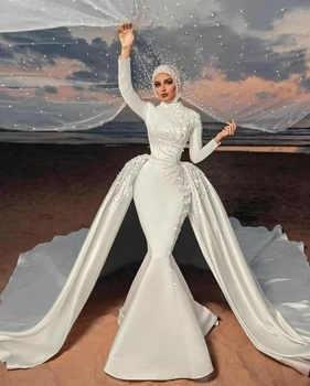 2023 Müslüman Mermaid düğün elbisesi Ayrılabilir Tren ile Boncuklu Saten gelinlikler İnciler Elbiseler De Mariée Custom Made
