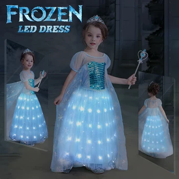 Uporpor Dondurulmuş Elsa Anna Prenses led ışık Up Elbise Çocuklar için Kız Kar Kraliçesi Noel Karnaval Peri Cosplay Doğum Günü Kostüm
