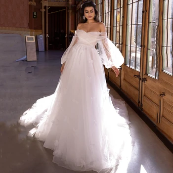 Eightree Kapalı Omuz düğün elbisesi Zarif 2021 A-Line Tül Aplike Sweep Tren Gelin Akşam Prenses Elbise Vestidos De Noiva