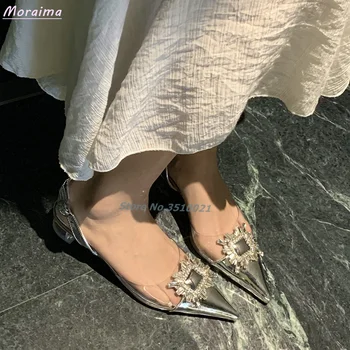 Claer PVC Kristal Bling Sandalet Sivri Burun Şeffaf Blok Topuk Geri Kayış Rahat Moda Kadın Ayakkabı Seksi Gümüş Katı Yeni