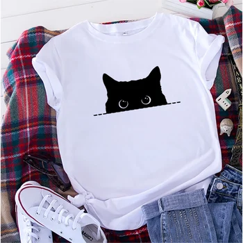 Yaz kadın T-shirt sevimli kediler moda baskı harajuku tişört koyun kısa kollu rahat kawaii kız T-shirt büyük metre