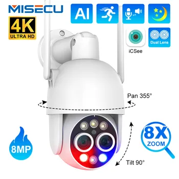MISECU 8MP 4K 2.8 + 12mm Çift Lens Açık Wifi Kamera 8x Hibrid Zoom PTZ kablosuz ip kamera Otomatik İzleme Gözetim Kamera