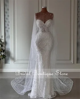 Lüks İnciler Dubai Mermaid düğün elbisesi 2023 Pelerin Sevgiliye Boncuk Kristaller gelin kıyafeti Vestido De Noiva Özelleştirilmiş