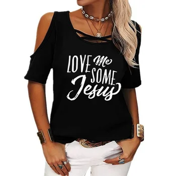 Aşk İsa Kısa Kollu Kapalı Omuz Baskı Kadınlar Casual Yaz T Gömlek Kız 2022 Tee Gömlek Gevşek Üst T-Shirt