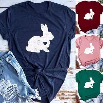 Tavşan Tavşan Baskı T Shirt Kadın Kısa Kollu O Boyun Gevşek Gömlek Yaz Kadın Tee Gömlek Tops Camisetas Mujer