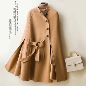 Sonbahar Kış Kadın Yün Ceket Orta Uzun Vintage Yün Pelerin Ceket Kalın Sıcak Bayanlar Pelerinler %100 % Merinos Yünü Kadın Palto Dış Giyim