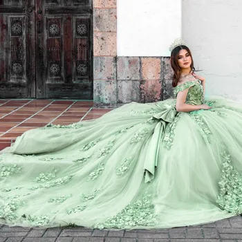 Adaçayı Yeşil Balo Quinceanera elbise Aplikler Boncuk 3 Dflower Kapalı Omuz Tatlı 16 Elbise Vestido De 15 Anos Dantel-Up
