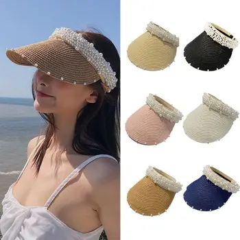 Yaz Boş Üst Suncap Geniş Ağız İnciler Kadın güneş şapkası Rahat hasır şapka UV Koruma güneşlik şapka Plaj Kap