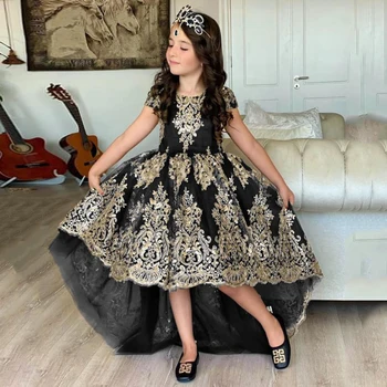 Prenses Çiçek Kız Elbise Cap Kollu Altın Aplike Yüksek düşük kızın doğum günü partisi elbiseleri Pageant Törenlerinde Boyutu 1-14T