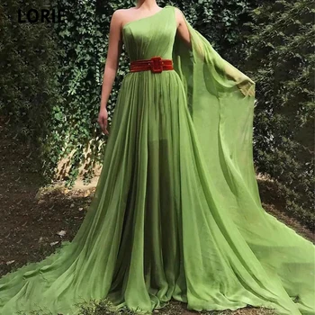 LORIE Bir Omuz Yeşil Bir Çizgi Abiye Büyüleyici Şifon Plise Balo Elbise Kemer Parti Elbiseler Vestidos De Noche