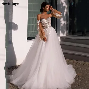 Sevintage A-Line Prenses düğün elbisesi Boho Uzun Kollu Dantel Aplikler Gelin Elbise Korse Kadın Gelinlikler Artı Boyutu