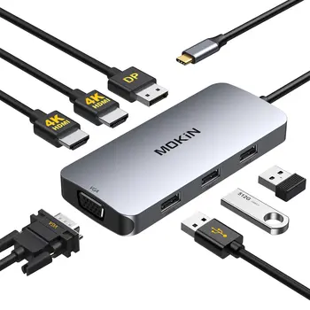 USB C Çift HDMI Adaptörü, 7 in 1 USB C Çift Monitör Yerleştirme İstasyonu Çift HDMI, USB C Hub ile 2 HDMI, Displayport Bağlantı Noktası, VGA