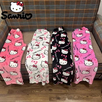 Stokta Sanrio Hello Kitty Pazen Pijama Siyah Kadın Sıcak Yün Karikatür Rahat Ev Pantolon Sonbahar Kış Moda Pantolon